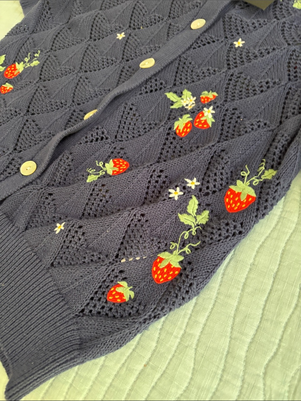 Driftwood All Cotton Knit Cardigan with Embroidered Red Strawberries Medium NWT - Picture 5 of 6